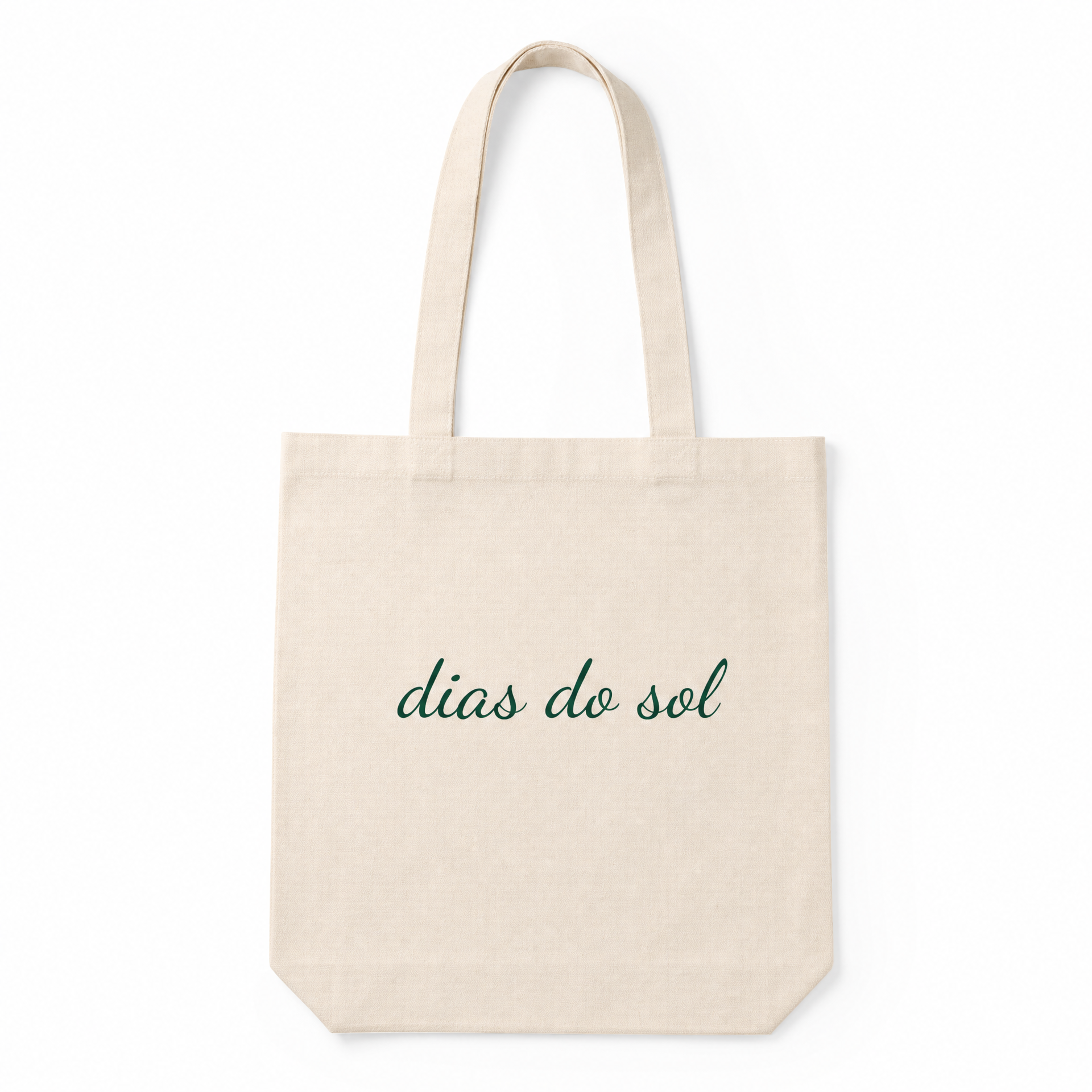 Beige tote bag with 'dias do sol' text on a white background